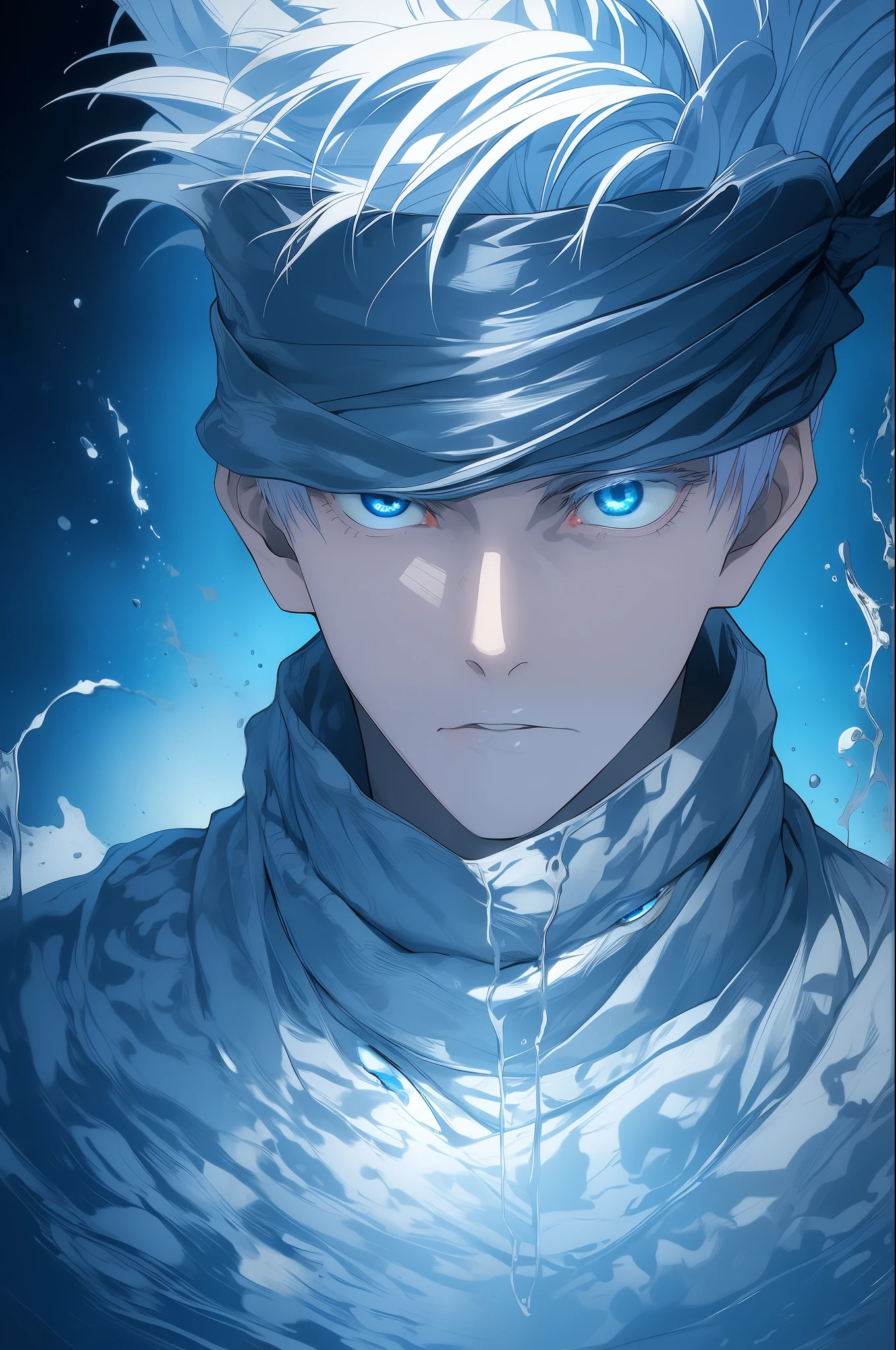 gojou satoru, 1boy, male focus, solo, zoom out,full body, blue eyes, blindfold, white hair, night, one eye, metal liquid art, covered, parted lips, high collar, looking at viewer,