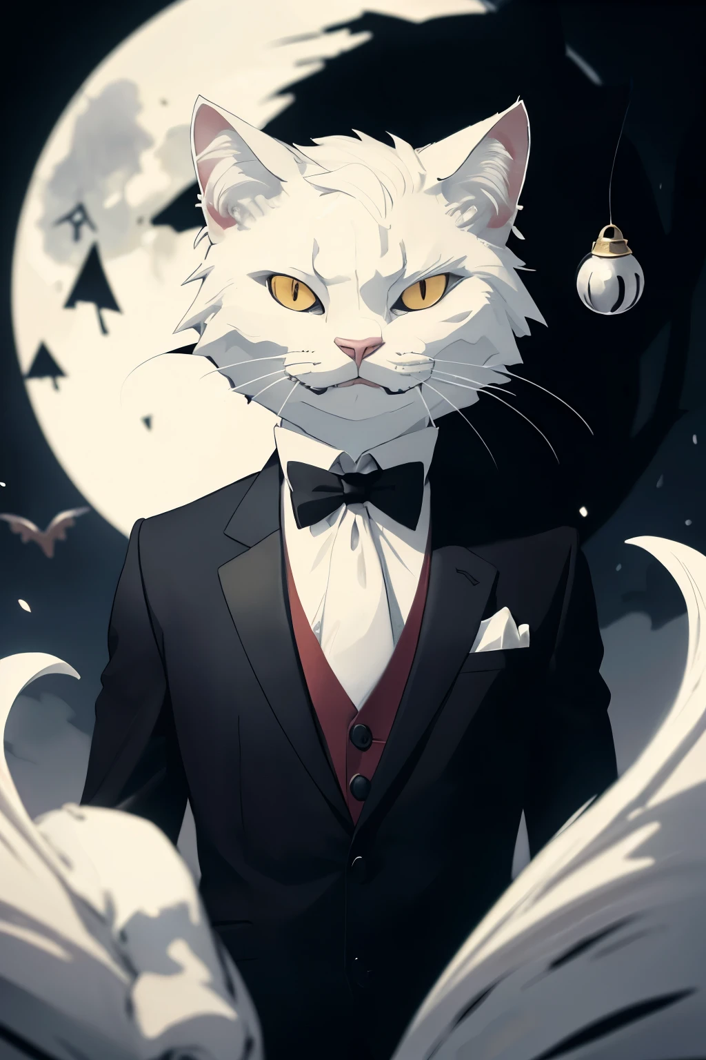 devil,white cat,cartoon characters,Wear a suit,tie a bell around the neck,under the moonlight,black background,Rococo style,(alone:1.4), (Masterpiece:1.2), Very detailed, (best quality), illustration, (depth of field)