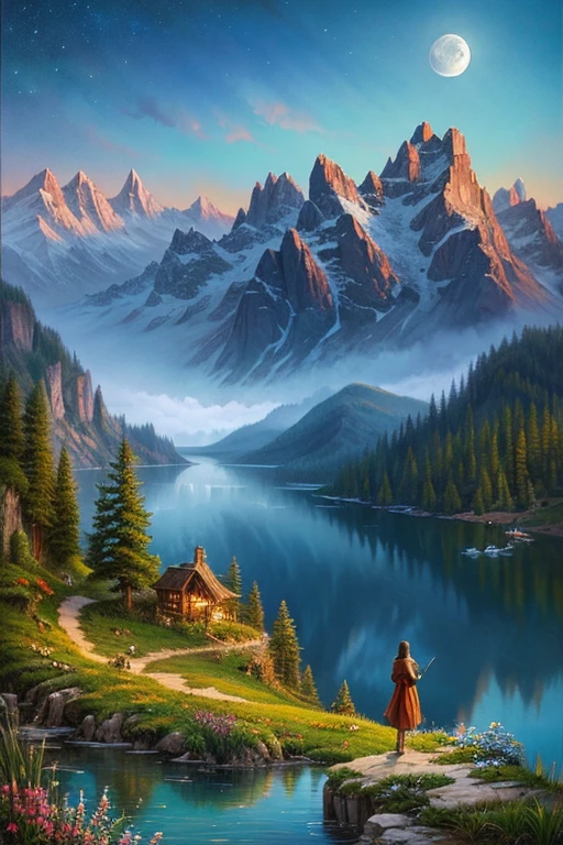 Highest quality、masterpiece、Landscape painting、Moon, Mountains and Lakes、Surrealism