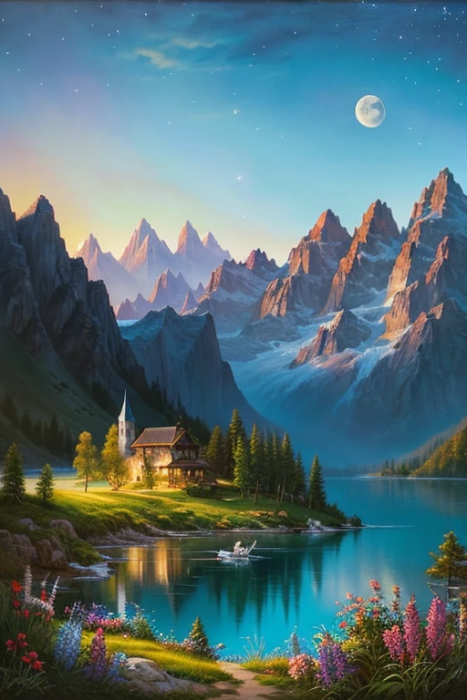 Highest quality、masterpiece、Landscape painting、Moon, Mountains and Lakes、Surrealism