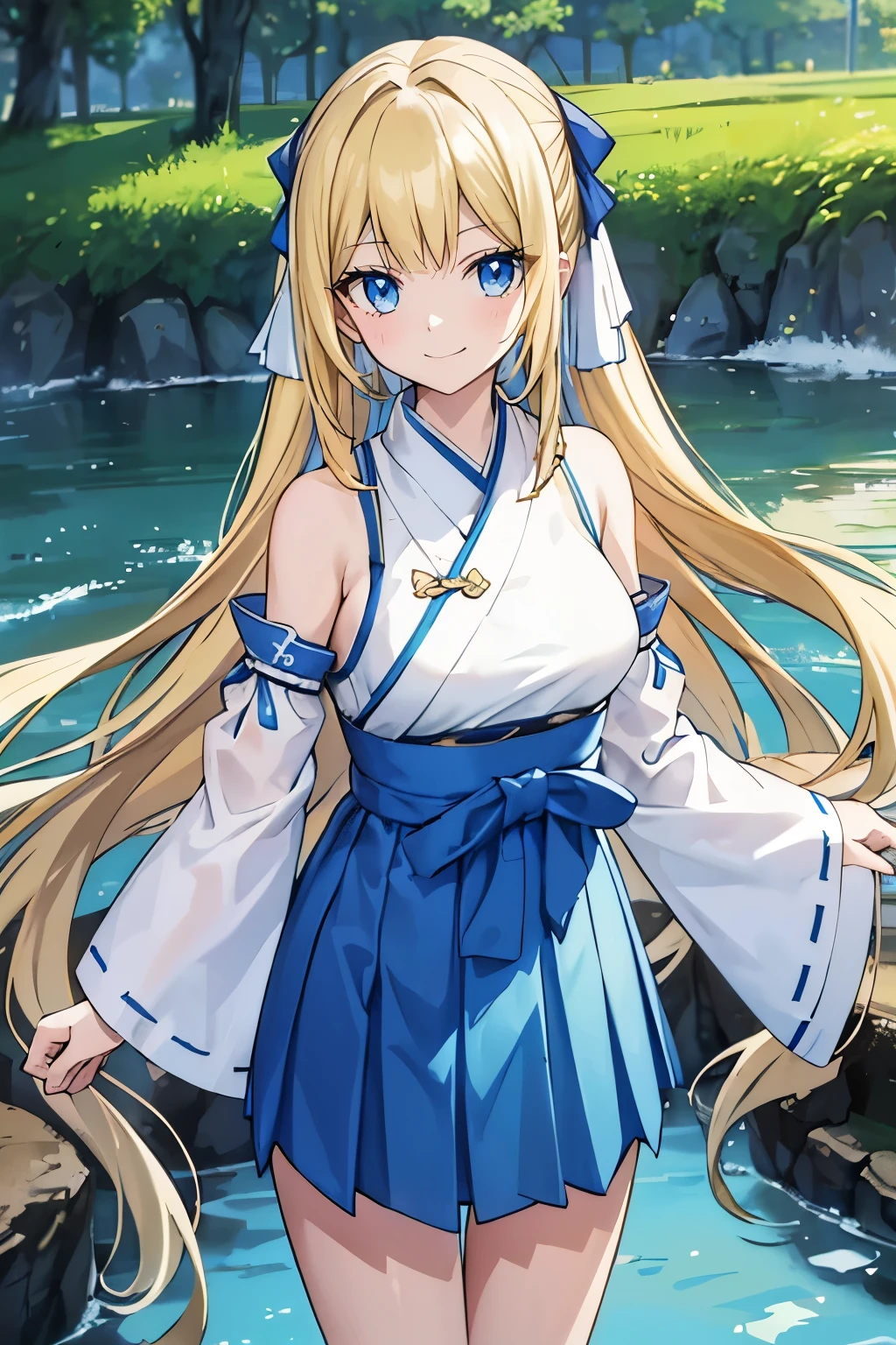 Safe for work, masterpiece, best quality, solo, 1 girl, (young female body:1.4), ( medium breasts), golden yellow hair, extra long hair, blunt bangs, crystal blue eyes, very detailed eyes, standing, elegant, smiling, cute girl, cowboy shot, hanfu, chinese clothing, dark blue hanfu, forest, river, pond, long chinese clothing, traditional blue hanfu, long clothes, wholsome, safe for work, appropriate clothing, twin tail, blue hakama, pleated blue skirt, long sleeves, detached sleeves