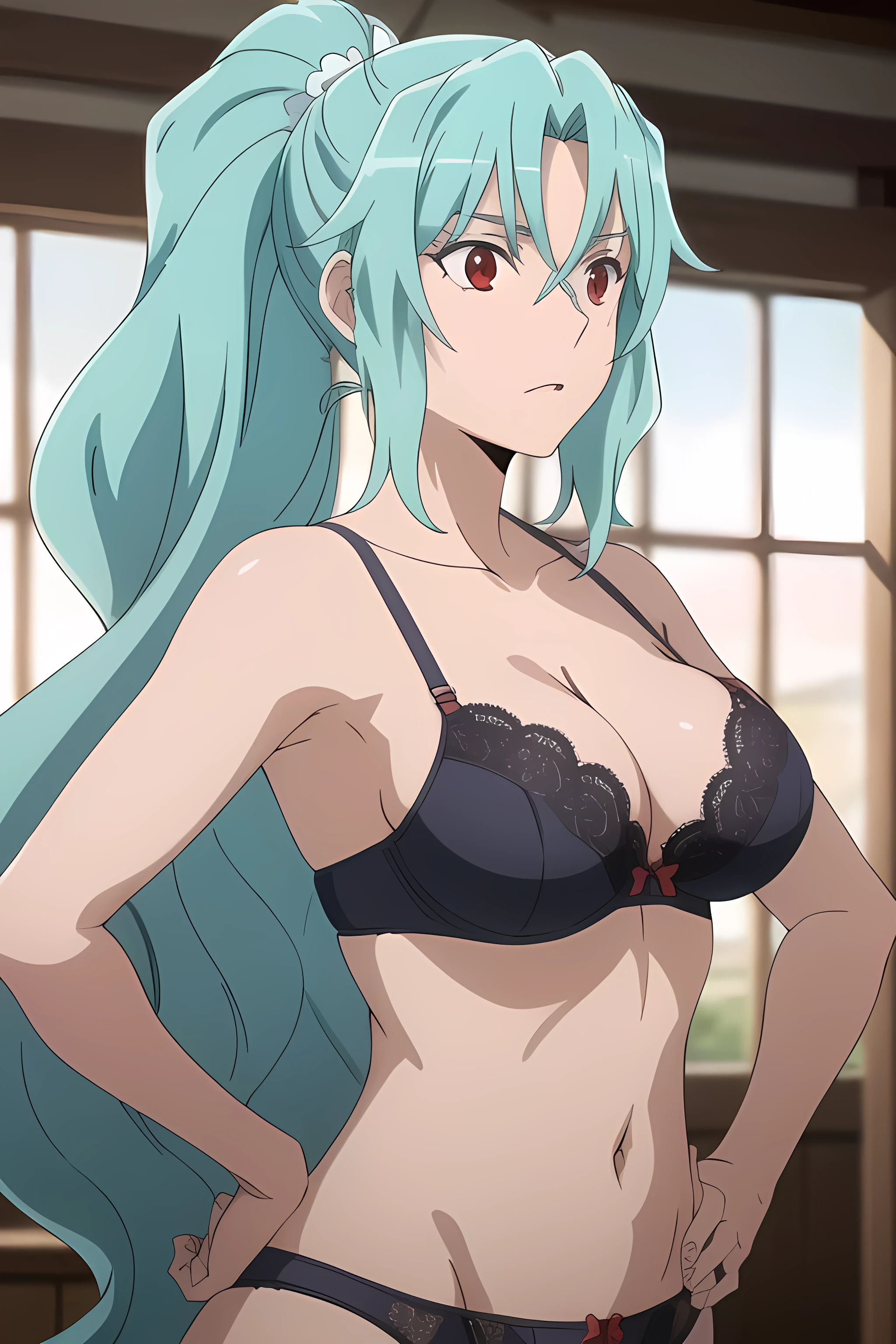 photorealistic, (4k), depth of field, (Masterpiece), (realistic skin texture), extremely detailed, intricate, hyper detailed, high resolution, professional photography, bokeh, sharp detail, best quality, woman, long hair, aqua hair, ponytail, red eyes, large breasts, standing with hands on hips japanese style, , tomoe, aqua hair, long hair, ponytail, aqua lace bra, aqua lace panties, aqua lace lingerie, no clothes, no cloth, big breasts, perky tits