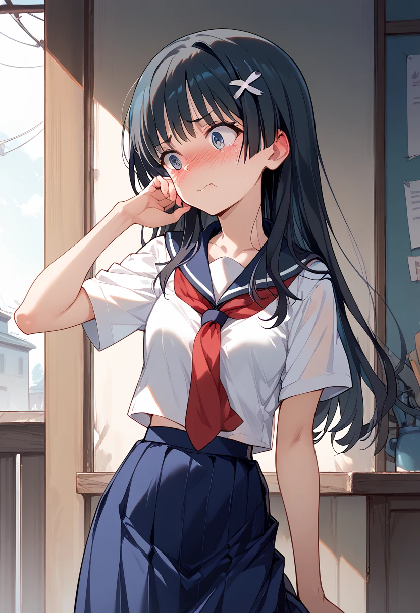 masterpiece,High resolution,Highest quality,8k
(Saten Ruiko)(14-year-old female,Long Black Hair,Small breasts,Slim body,Hairpin)
(White Sailor Suit,Red tie,Blue Skirt)Embarrassed,Scratching face with fingers,Embarrassing