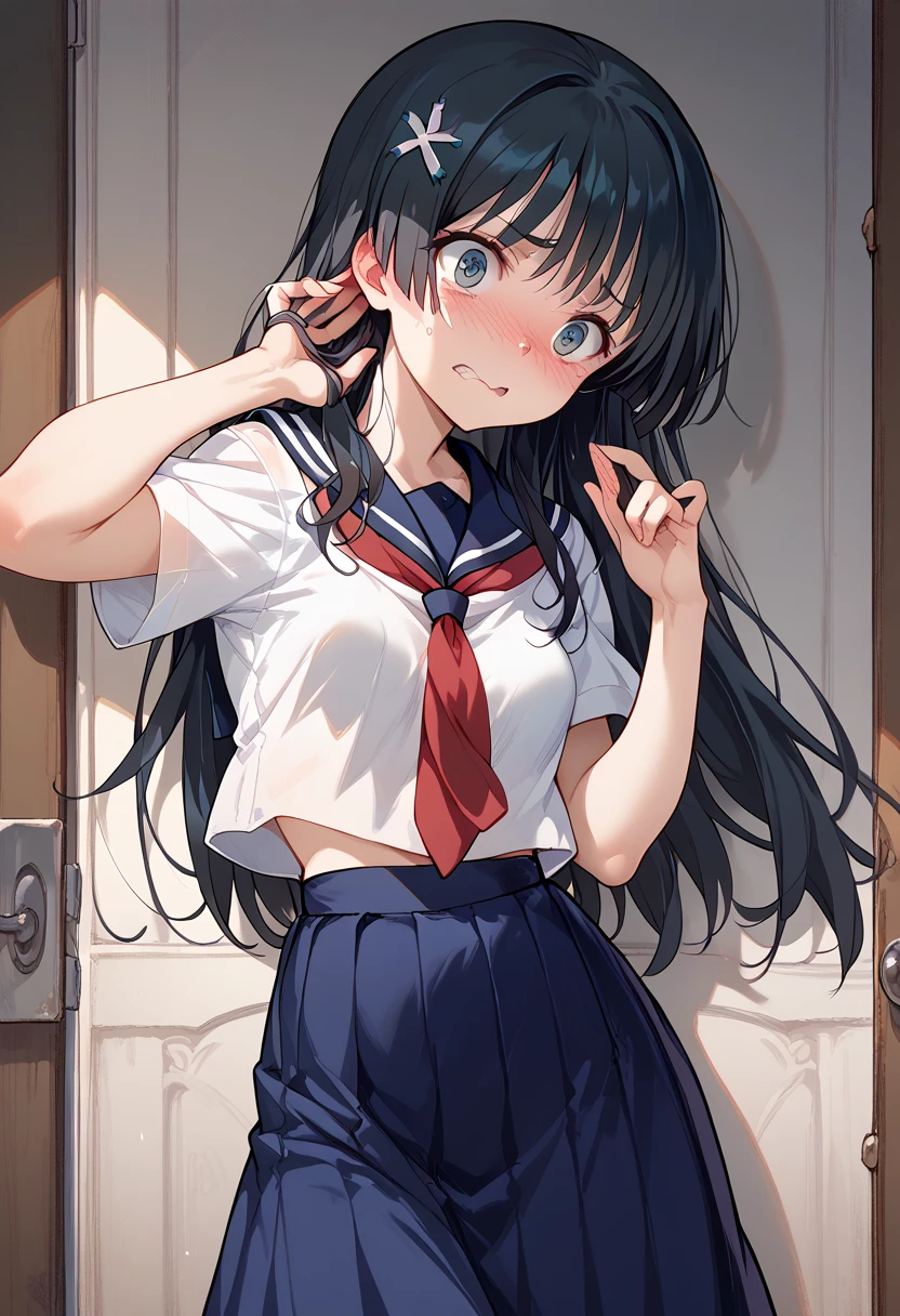 masterpiece,High resolution,Highest quality,8k
(Saten Ruiko)(14-year-old female,Long Black Hair,Small breasts,Slim body,Hairpin)
(White Sailor Suit,Red tie,Blue Skirt)Embarrassed,Scratching face with fingers,Embarrassing