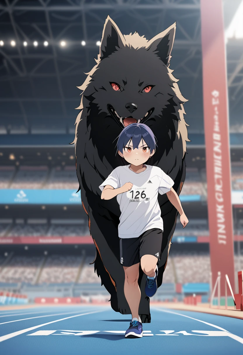 a photo finish shoot of a muscular (anthomorph wolf: 1.3) on the running lane,  ((full body shot: 1.5)), ((anatomically correct: 1.5)) (ultra detailed face: 1.2), dynamic fur color, intense eyes, determined look, he is (wearing running t shirt: 1.3), (sports shoes: 1.2), running lane in an athlete stadium in the Olympics,  vibrant, Ultra-high resolution, High Contrast, (masterpiece:1.5), highest quality, Best aesthetics), best details, best quality, highres, 16k, [ultra detailed], masterpiece, best quality, (extremely detailed) RAW, (ultra details, Masterpiece, best quality), Cinematic Hollywood Film, Intense gaze