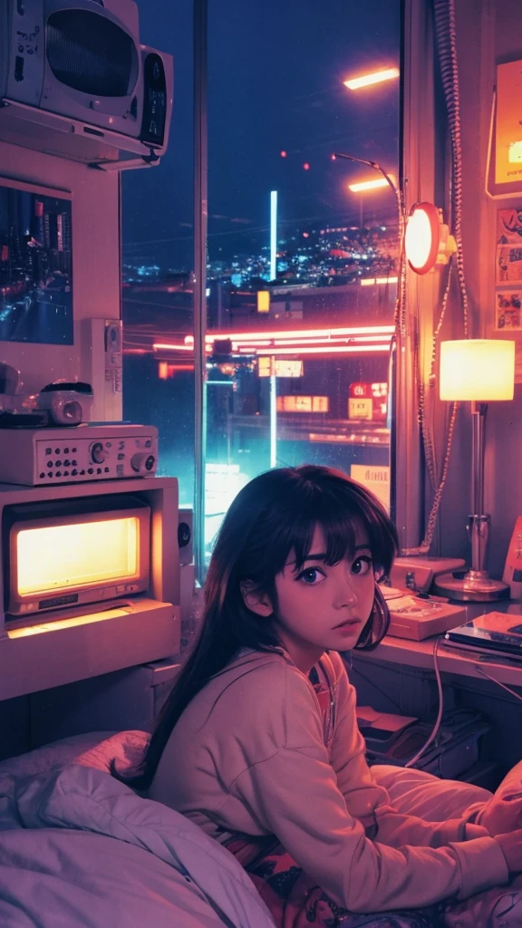 Showa 80s Anime Emotional Messy room night City Pop landscape