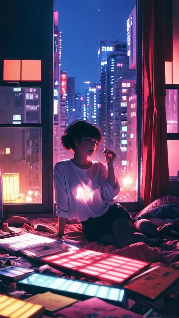 Showa　80s Anime　Emotional　Messy room　night　City Pop　landscape
