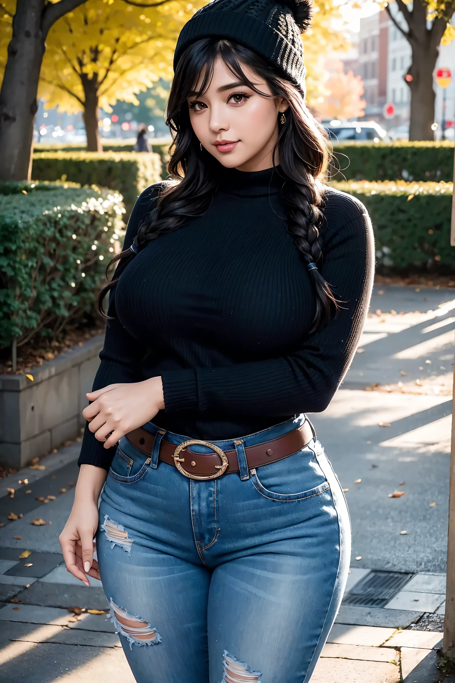 Beautiful sensual and erotic woman with a curvy body, long full black hair, bangs, french braid, widest waist, thicc, beautiful fitting breasts, curvy accentuated booty, detailed sparkling eyes, long eyelashes, light smile, thick thighs, Strong calves, taniaayusiregar, She wears a black Pullover and blue jeans with a belt, beige beanie, she walks in a park in Fall season, having fun, walks towards the viewer, trees and old buildings far in background, she looks conspirational, Pullover is black, photorealistic, Masterpiece, bokeh, Volumetric lighting, sensual atmosphere, close up shot