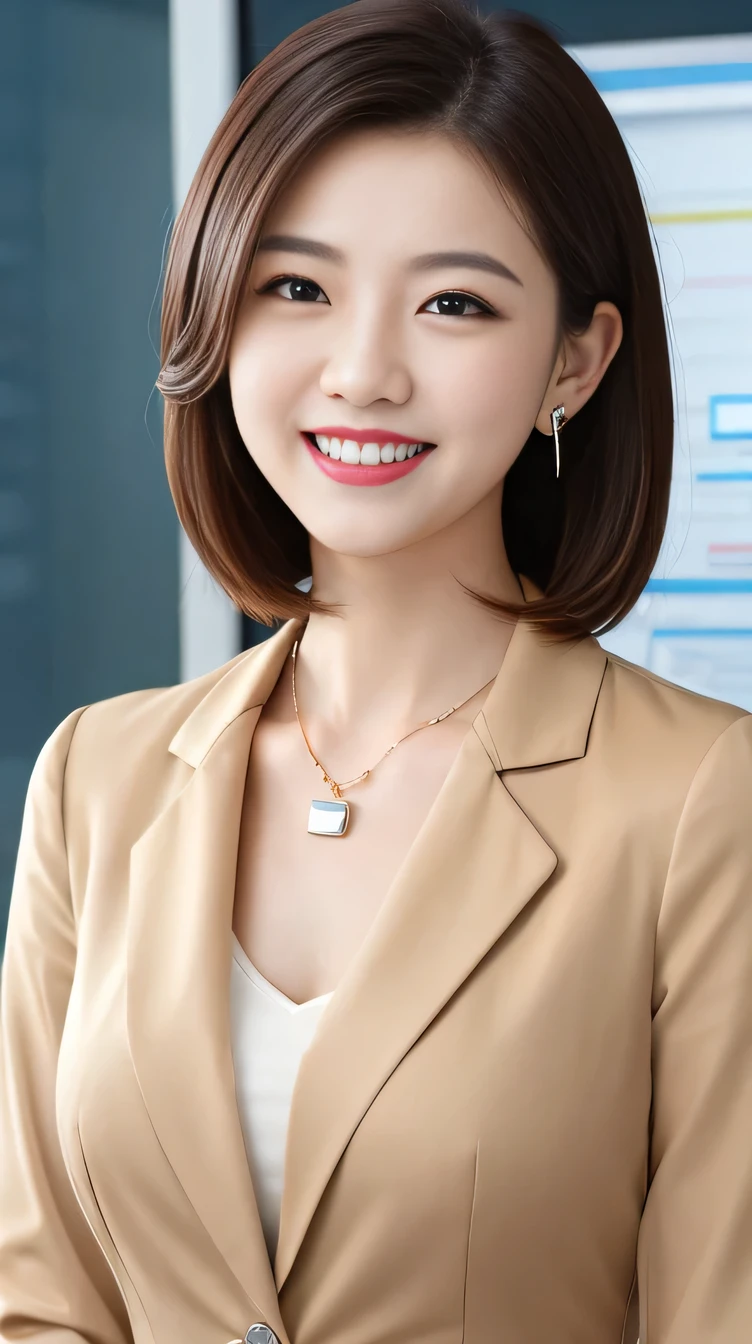 High resolution, Very detailed, Intricate details, 、ear piercing、smile、Beautiful teeth alignment、Black Hair、short hair、Clear beauty,Office Lady Suits 、Necklace around the neck、, The background is the office

