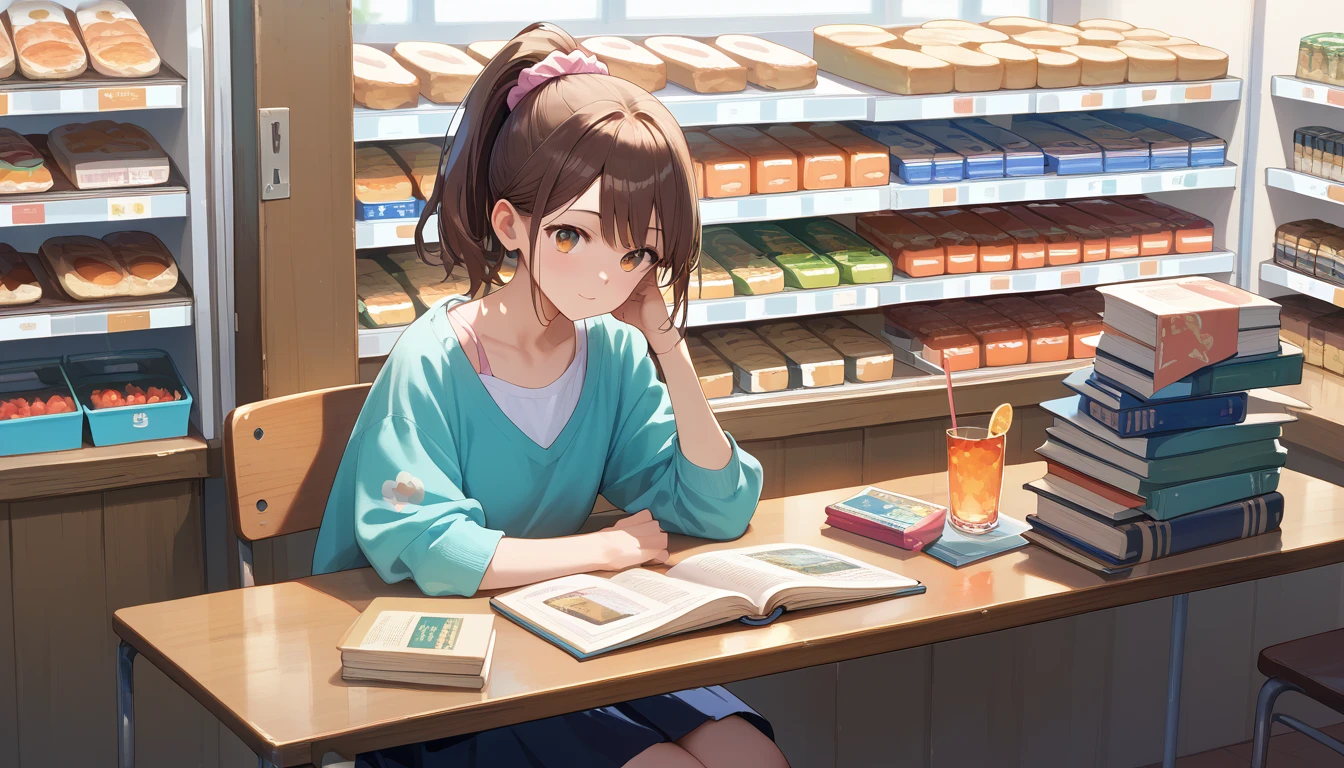 score_9, score_8_up, score_7_up, source_anime, masterpiece, best quality, very aesthetic, uncensored, 1girl, cute face, brown hair, voluminous ponytail with pink scrunchie, sitting at table, juice shop, glass of juice, alone, read a book