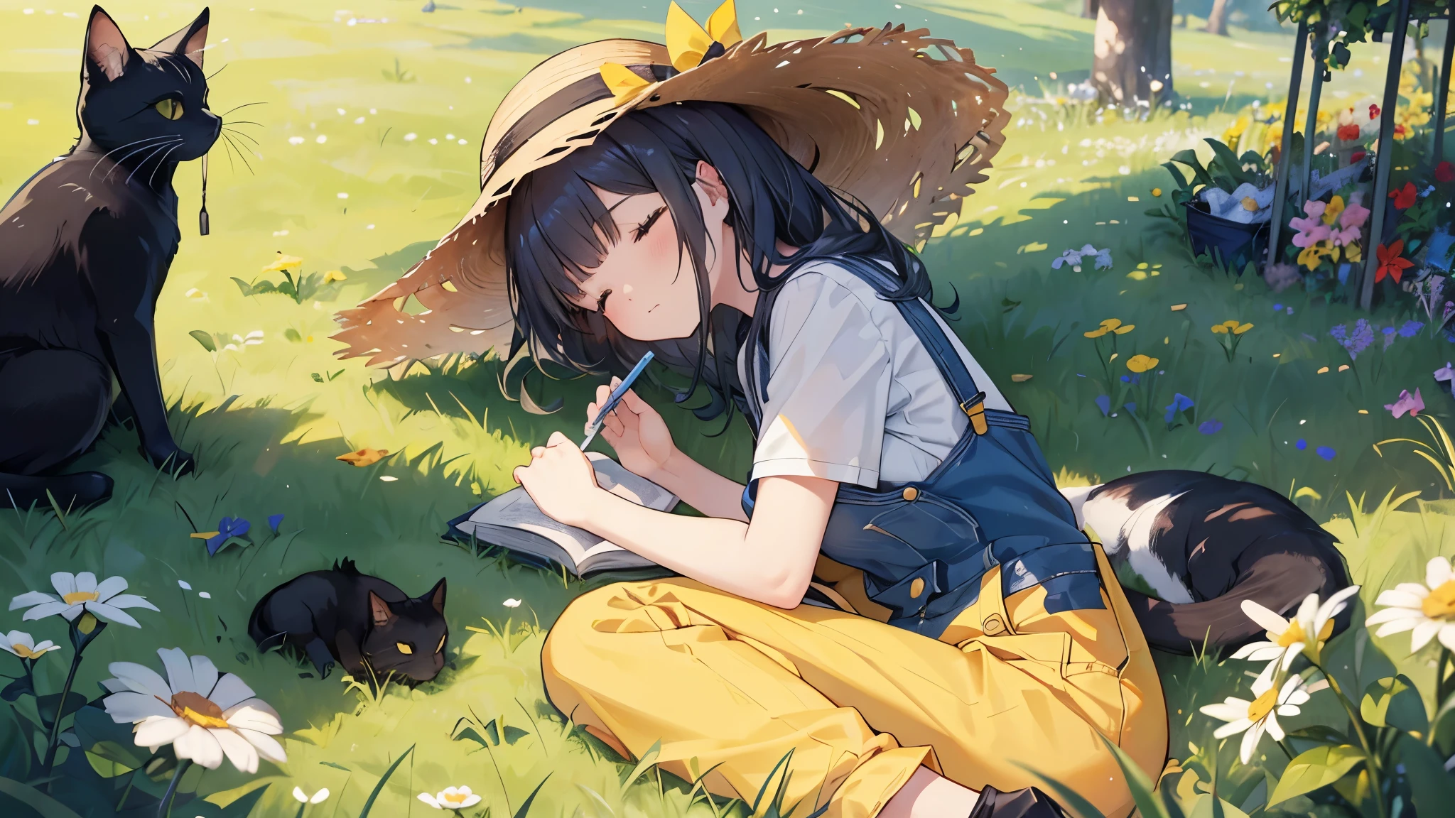 A girl is reading a book in an alpine meadow.
She is wearing a yellow overalls and a straw hat.
A black cat is sleeping at her feet.
Behind the girl, a pasture spreads out under a clear sky, and some cows are grazing.