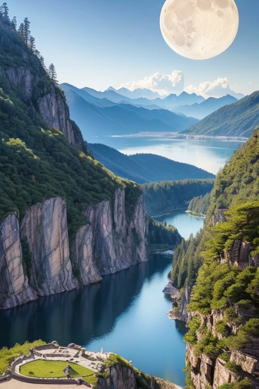 Highest quality、masterpiece、Landscape painting、Moon, Mountains and Lakes、Surrealism