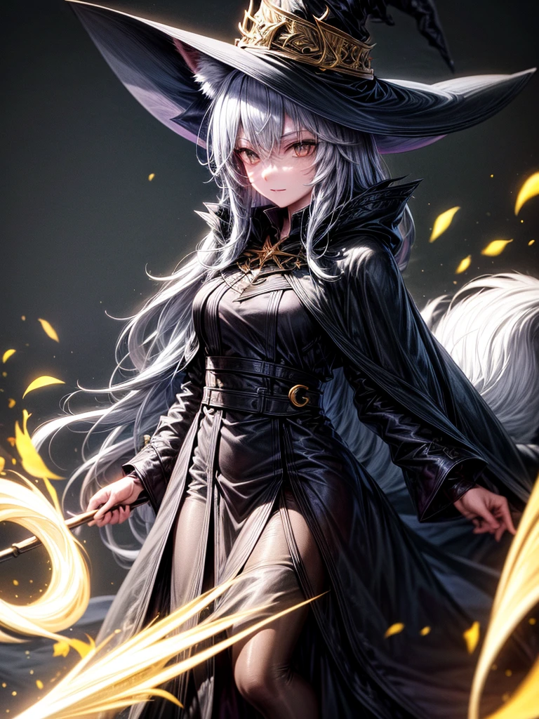 Witch, silver hair, gold eyes, fox ears, big hat, black witch hat, wearing black cloak, stary background