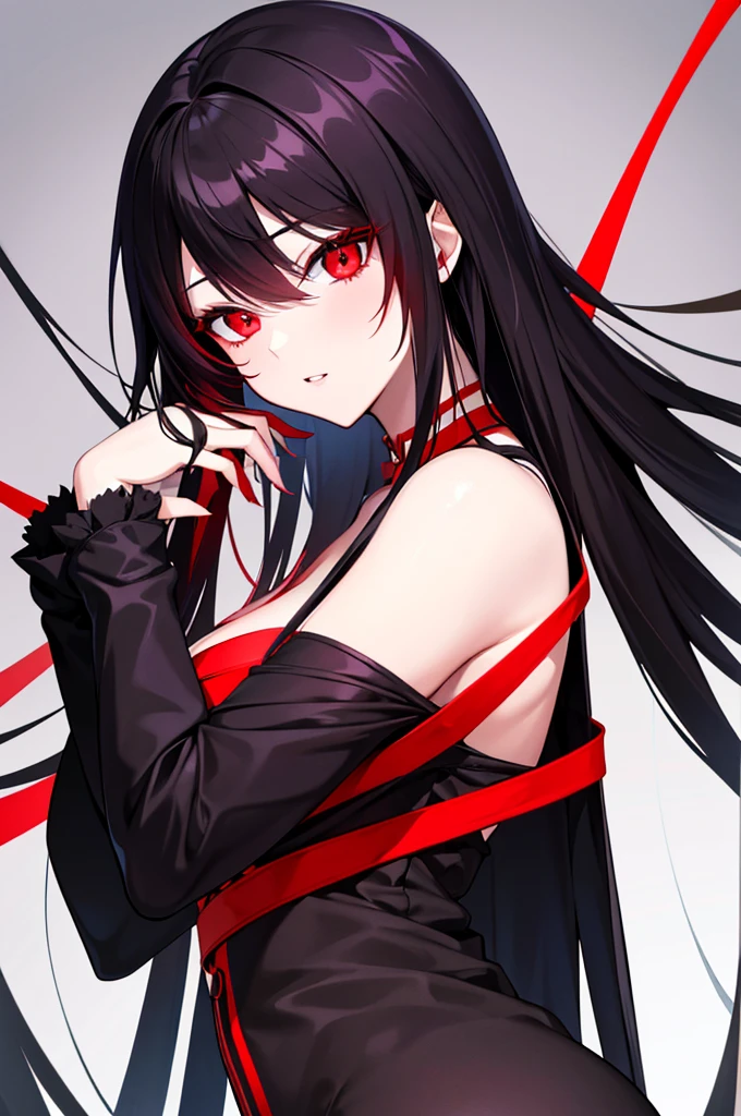 anime drawing of a woman with Red eyes and a black hair, with Red glowing eyes, with glowing Red eyes, fully Red eyes no pupils, ((Red)) Loose eyes, No face, fully Red eyes, with Red eyes, large Red eyes!!!, inspiRed by Jin Homura, Red eyes glowing, with a Red eyes, Red-eyes, with No face
