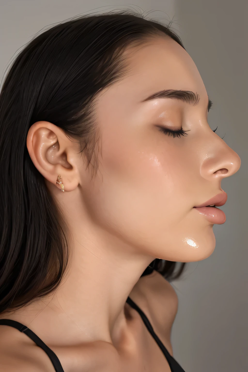 Taylor Hill、High resolution realistic photos,8k,Realistic skin texture,to be born々New People々々々々,1 girl,Tabletop,,Awards - Winning Photos, Very detailed, Close your eyes, Nose and mouth,Face Focus, Extreme close up of face、Woman with open mouth and closed eyes, Black camisole、20-year-old,Black-haired、Symmetrical face,Realistic nostrils、Angle from below、Elongated C-shaped nostrils,((Gray background))、Sweaty skin、Lighting that highlights glowing skin caused by sweat、((Sharp Nose))Skin shiny with sweat、Glowing Skin、Sweaty hair、sunlight、(Brow wrinkles)((Frowning))(cum on tongue)、Deep Kiss、((Thin eyebrows))((Oily skin、Glowing Skin))、double eyelid、Wet and shiny tongue、Tied Hair、updo、Lift your head(((Long Tongue, traces of saliva)))((Super wet skin))(((Profile with a wide nasal septum,nasal septum,profile)))