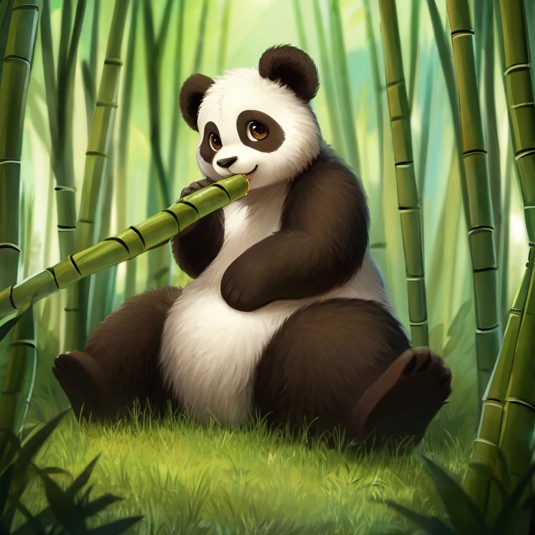 Masterpiece, best quality, high quality, One cute Panda, solo, eat bamboo, Brown eyes, in the bamboo forest, sitting in the grass, sunny day