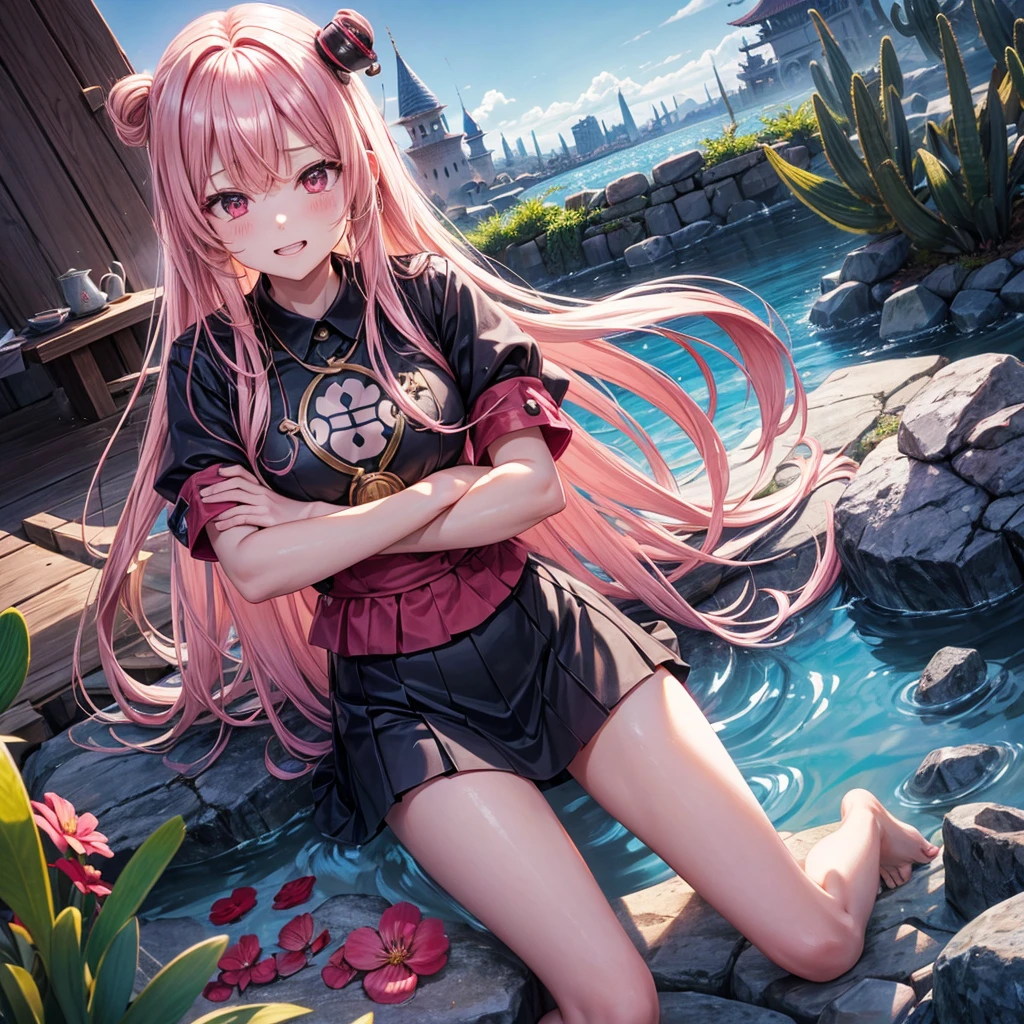 Pink Blonde、Red eyes、One cute girl、solo、And soul、Light clothing、Checked mini skirt、petal、Wet hair、Sit on、black t-shirts、Has a button、large tree、cloud、Red full moon、desert、Cactus、barefoot、Stones are piled up、Teeth are visible、Secret Treasure、Wooden chair、Fortress City、water is gushing out、Tilting face、Hands together