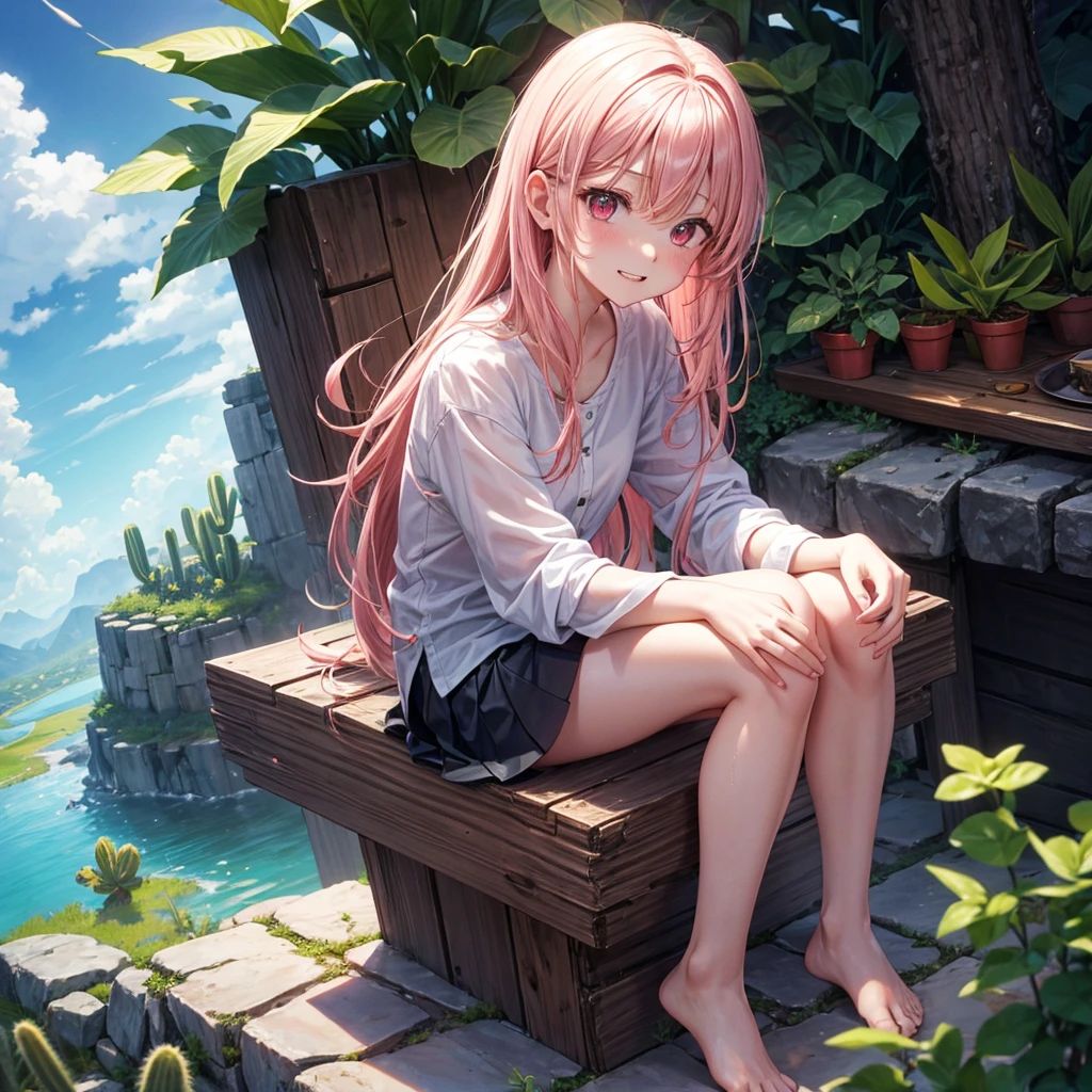 Pink Blonde、Red eyes、One cute girl、solo、And soul、Light clothing、Checked mini skirt、petal、Wet hair、Sit on、black t-shirts、Has a button、large tree、cloud、Red full moon、desert、Cactus、barefoot、Stones are piled up、Teeth are visible、Secret Treasure、Wooden chair、Fortress City、water is gushing out、Tilting face、Hands together
