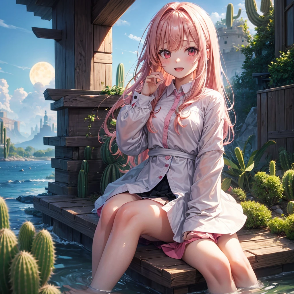 Pink Blonde、Red eyes、One cute girl、solo、And soul、Light clothing、Checked mini skirt、petal、Wet hair、Sit on、black t-shirts、Has a button、large tree、cloud、Red full moon、desert、Cactus、barefoot、Stones are piled up、Teeth are visible、Secret Treasure、Wooden chair、Fortress City、water is gushing out、Tilting face、Hands together