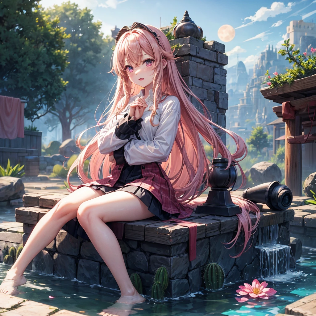 Pink Blonde、Red eyes、One cute girl、solo、And soul、Light clothing、Checked mini skirt、petal、Wet hair、Sit on、black t-shirts、Has a button、large tree、cloud、Red full moon、desert、Cactus、barefoot、Stones are piled up、Teeth are visible、Secret Treasure、Wooden chair、Fortress City、water is gushing out、Tilting face、Hands together