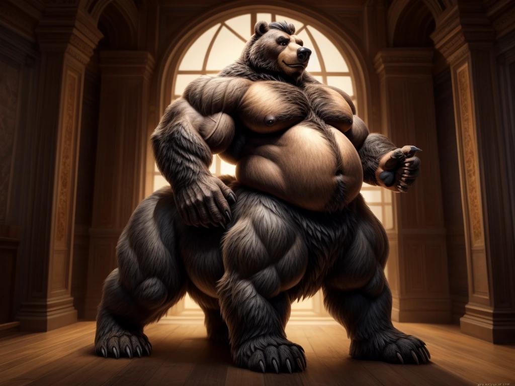 furry, fur taur, beartaur, anthro, middle-age, solo,1man, detailed face, bear ears, bear eyes(brown), bear nose(black), bear mouth, beard(grey), hair, mature hair(grey), detailed arm, thick arm, forearm hair, muscular, thick hands(5 fingers), thick claws, detailed body belly, thick body, muscle belly(white), thick chest, chest hair(white), nipples, detailed taur body, thick taur body, waist hair, thick bear paws, bear paws hair, thick bear claws, thick bear tail, full body shot, standing on the gallery