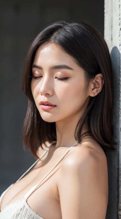 High resolution, High level image quality, high detail, masterpiece, rough skin, anatomically correct, sharp, gray background((japanese mature, 28 years old)), alone, ((close your eyes and open your mouth))、(Strong orgasm)、facial wrinkles, good shape medium ibreasts, Short bob light brown hair that reaches to the shoulders, slim body shape (((stand upright, facing the center of the screen.))), Close your mouth and look straight ahead with a serious face, ((cowboy shot)),I'Looking for record of objection.、((Raise your arms and show me your armpits))、((Strong orgasm))wrinkles between eyebrows、turtleneck sleeveless knit、((skin shining with sweat、Arms glistening with sweat、face shining with sweat,))