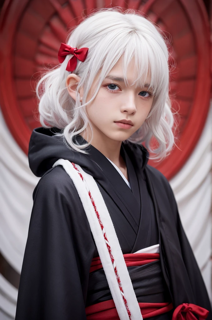 Young man wearing a hood　Naturally curly, white hair with vermilion tips　Wearing a kimono　Pointy ears
