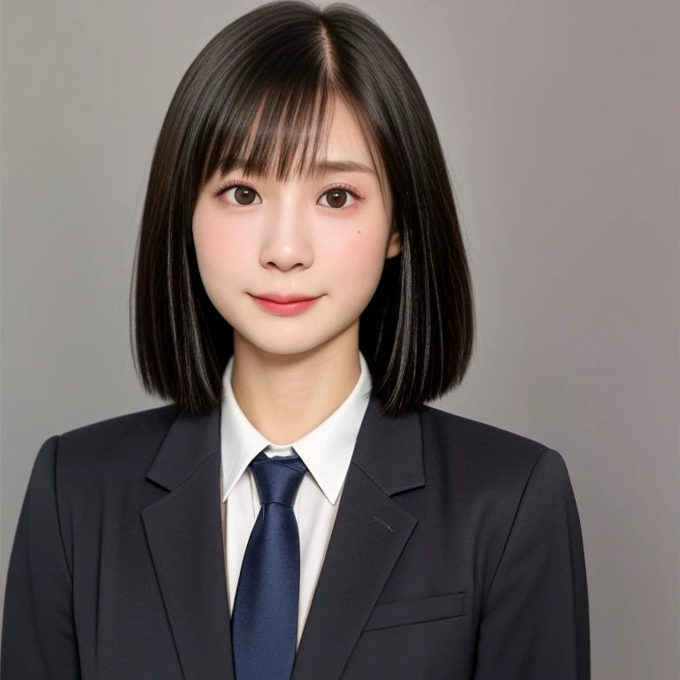 (kawaii 18 year-old Japanese girl, Nogizaka idol, Korean idol, highschool student), healthy female athlete body, (glossy black hair, short hair, pixie cut, bangs:1.3), (rounded face, beautiful black eyes, single eyelid, no makeup, embarrassed expression:1.2), (wearing suit jacket, collared shirt, necktie:1.3), extra small breasts, BREAK, (simple white background), (id photo, yearbook photo, view from forward, upper body shot),  BREAK, (masterpiece, best quality, photo realistic, official art:1.4), (UHD, 8K quality wallpaper, high resolution, raw photo, golden ratio:1.3), (shiny skin), professional lighting, physically based rendering, award winning, (highly detailed skin, extremely detailed face and eyes), Carl Zeiss 85 mm F/1.4, depth of field, 1girl, solo,