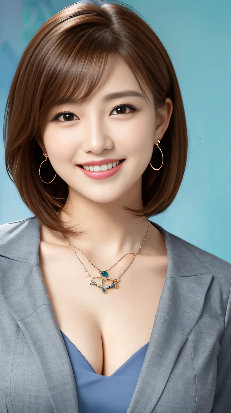 High resolution, Very detailed, Intricate details, 、ear piercing、smile、Beautiful teeth alignment、Light brown hair、short hair、Clear beauty,Office Lady Suits 、Necklace around the neck、, The background is the office
