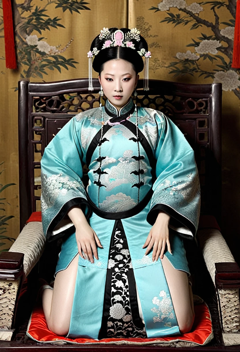 The Qing Dynasty Empress's large breasts, hairy body, and pubic hair can also be seen. She is sleeping in her bedroom with her hair pulled up and tied up, wearing a gorgeous flower-adorned hair ornament on both sides.、Background of crowning of Qing Dynasty Empress. Bedroom of palace of Qing Dynasty China.