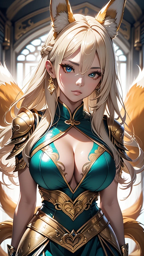 1 beautifull kitsune queen wearing a golden armor, hands behind, hairs covering ears,blonde hairs, french braid, hair hide ear, hime cut, very long hair, heart-shaped pupils, animal ears,european face, fox ears,"long orange fox ears with black tips", covering ears, kemonomimi mode,tail emanating(9 tails fox),huge tits, large hips with golden armor,((fully clothed)), "all skin covered by golden armor", no nsfw, high detail, depth of field, masterpiece, anatomically correct, high quality, award winning,(masterpiece, best quality),sunny,((extremely detailed background)), traditional temple, facing viewer,action pose,Beautiful Finger,Beautiful long legs,Beautiful body,Beautiful Nose, perfect face,(mature:1.1),(milf:1.1),(mature female:1.3),make up,parted lips,(shiny skin:1.3),(perfect female body:1.2),(gorgeous detailed skin),(detailed hair), masterpiece, high quality, highres, absurdres,(beautiful and aesthetic:1.2), beautiful hand, 4k, 8k, perfect balance, detailed aqua eyes, perfect eyes, expressive eyes, looking at viewer, expressionless, ray_tracing,intricate details,depth of field, extremely delicate and beautiful, (Beautiful,), (beautiful_face:1.5) 