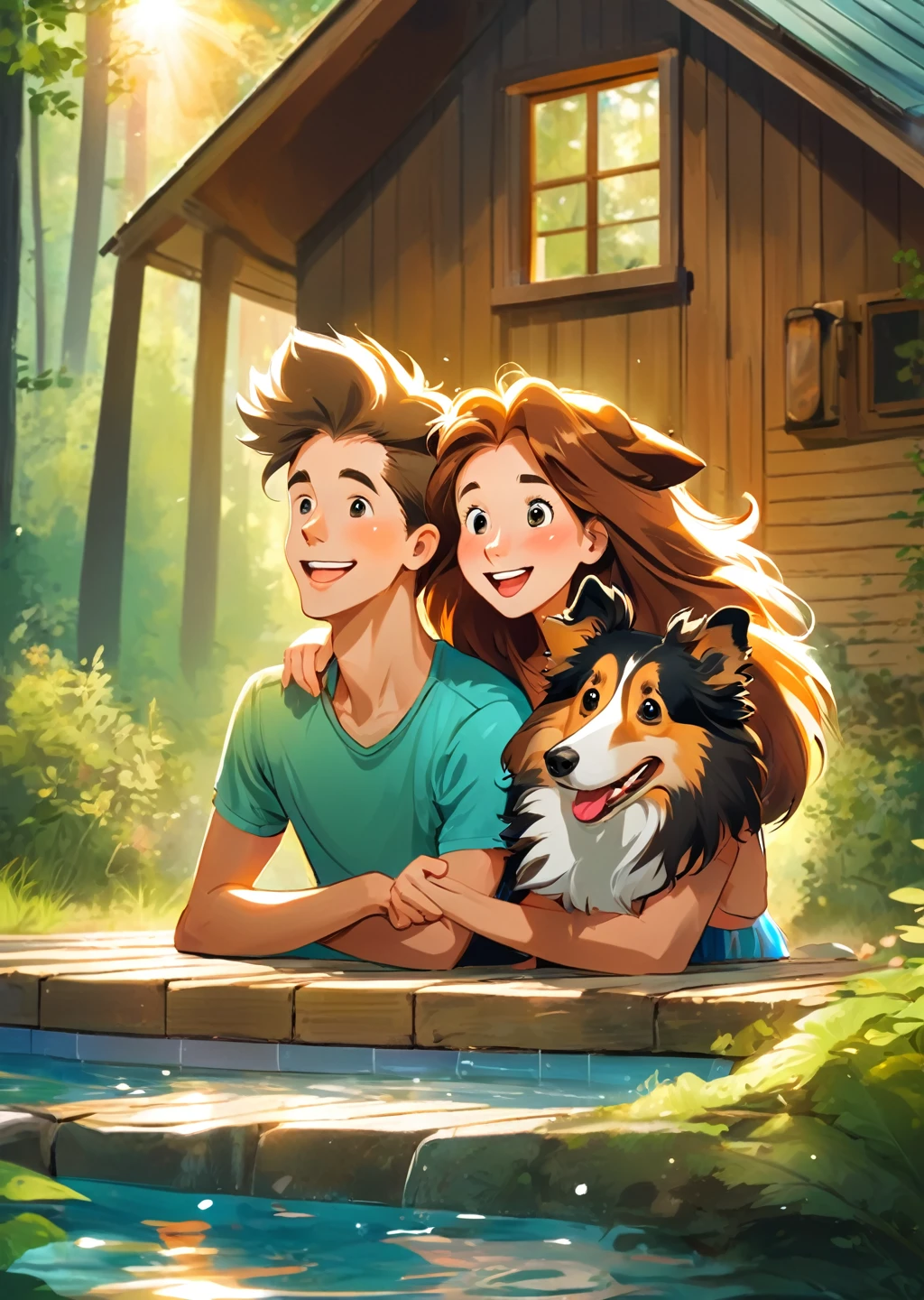 Forest cabin.

young couple. man Woman.
sheltie dog
joy
luck
chill
sun
love.
holiday
entertainment.
laughter
Forest cabin.
Outdoor swimming pool.
mysterious effect