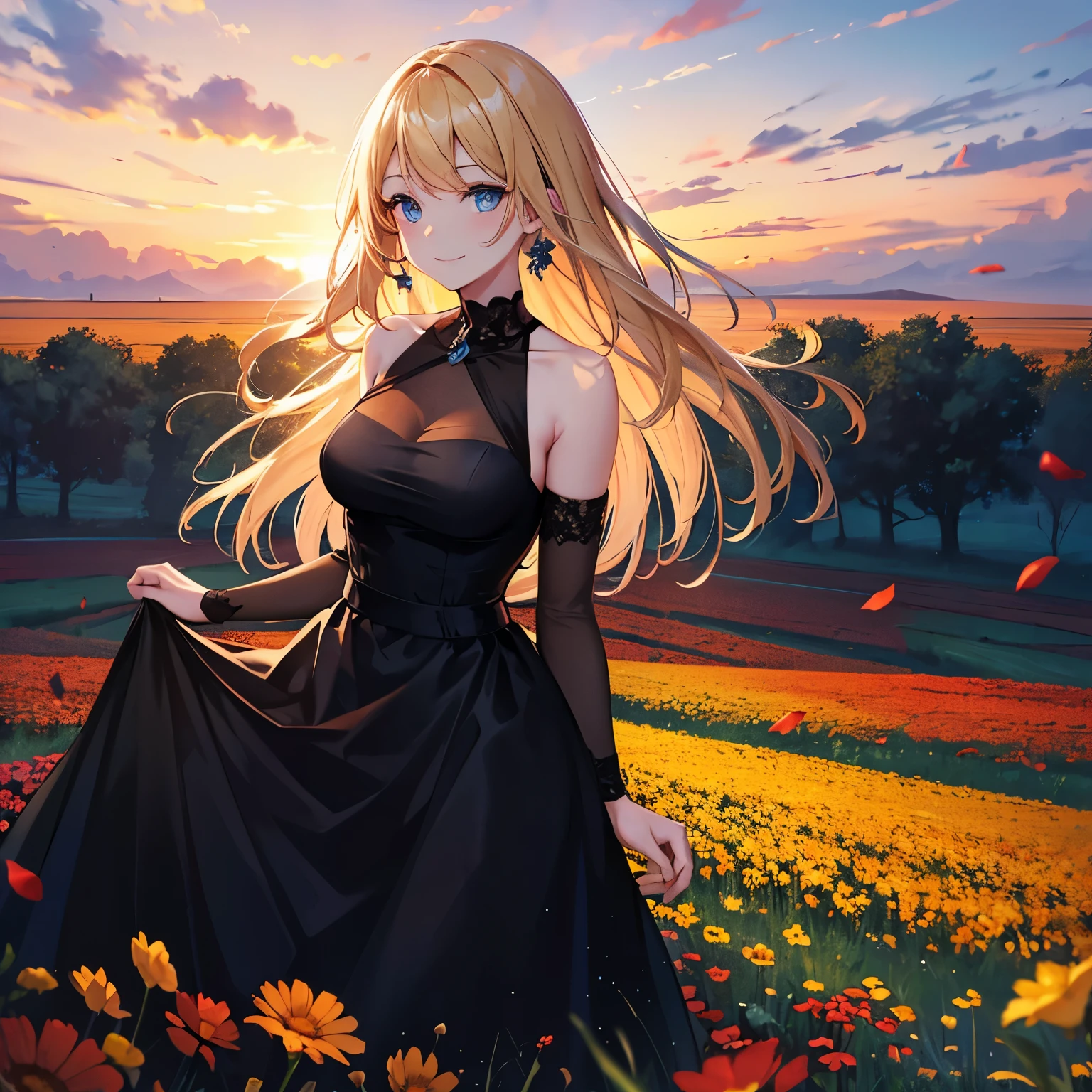 A woman, beautiful black dress, sunset, shoulders, outside, flower field, smile, blond hair, blue eyes.