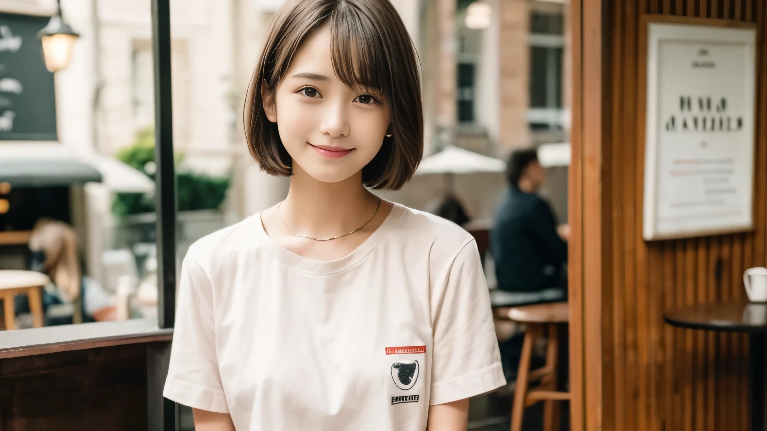 super high quality, smile, Slenderのネックレス, Slender, The staff is working at the counter in the back., (8k、RAW Photos、Highest quality、masterpiece:1.2), The cafe is crowded with people enjoying themselves., (Realistic、Photorealistic:1.37), Urban Cafe, Golden Ratio, Raw photo, Light Brown Hair, Small breasts, Bright cafe interior, Blurred Background, Summer clothes, Cafe Terrace, Open Cafe, Photographed inside the cafe, Pretty face, Hair blowing in the wind, Neat clothes, T-Shirts, Very Short Hair, 16 years old, beautiful girl,