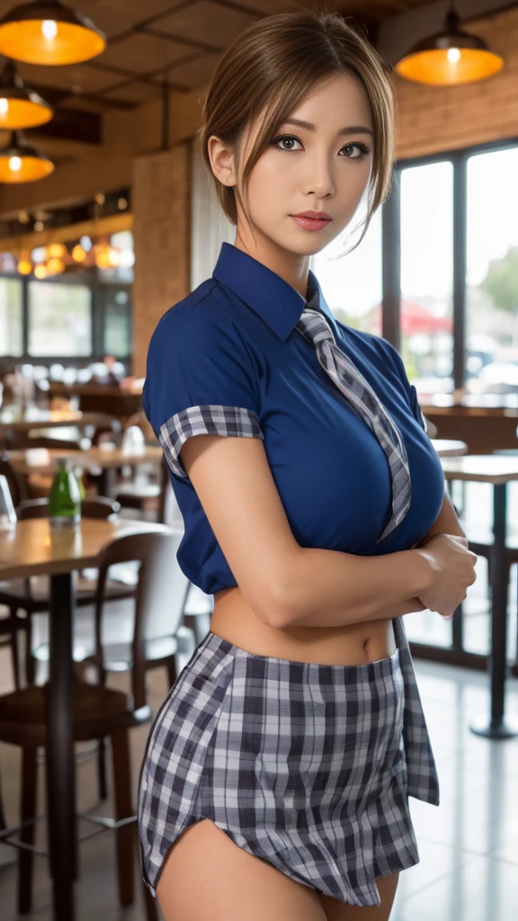 (8k, RAW Photos, 最high quality, masterpiece: 1.2), (Realistic, photoRealistic: 1.37), 1 A woman dressed as a waitress standing on the sidewalk, ,Ultra Mini Skirt、 Professional Lighting, Photon Mapping, , 、Simple clothes、 Ultra compact uniform、,At a popular restaurant， 胸がbig、Incredibly beautiful face、masterpiece, 最high quality, high quality, High resolution, big , (Face close-up),working at a restaurant、Carrying tableware、Hair is tied、Updo、Playmate proportions、Erotic Waitress、Please tie your hair tightly、expose as much skin as possible、、The ultimate revealing outfit、Slicked back hair、Infinite Strip、Slicked back hair、oh、Nipple poking stimulation、Tingling nipples、Anal feels good、Checked Clothing,Checkered Mode、Showing nipples、
