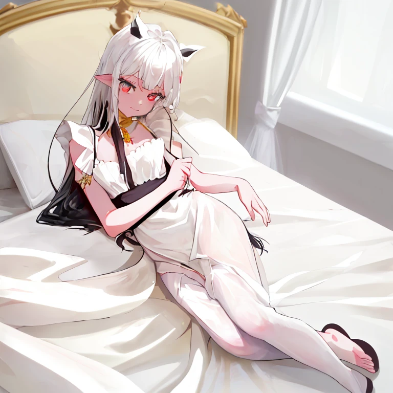 (masterpiece,best quality,ultra-detailed),1girl, white hair, pointy ears,beautiful and detailed face, detailed eyes,looking at viewer, white skin,(oni horns),((grey theme),pale skin, glowing eyes,in a bedroom,((lying on a bed)),((small chest)),naked, nipples,