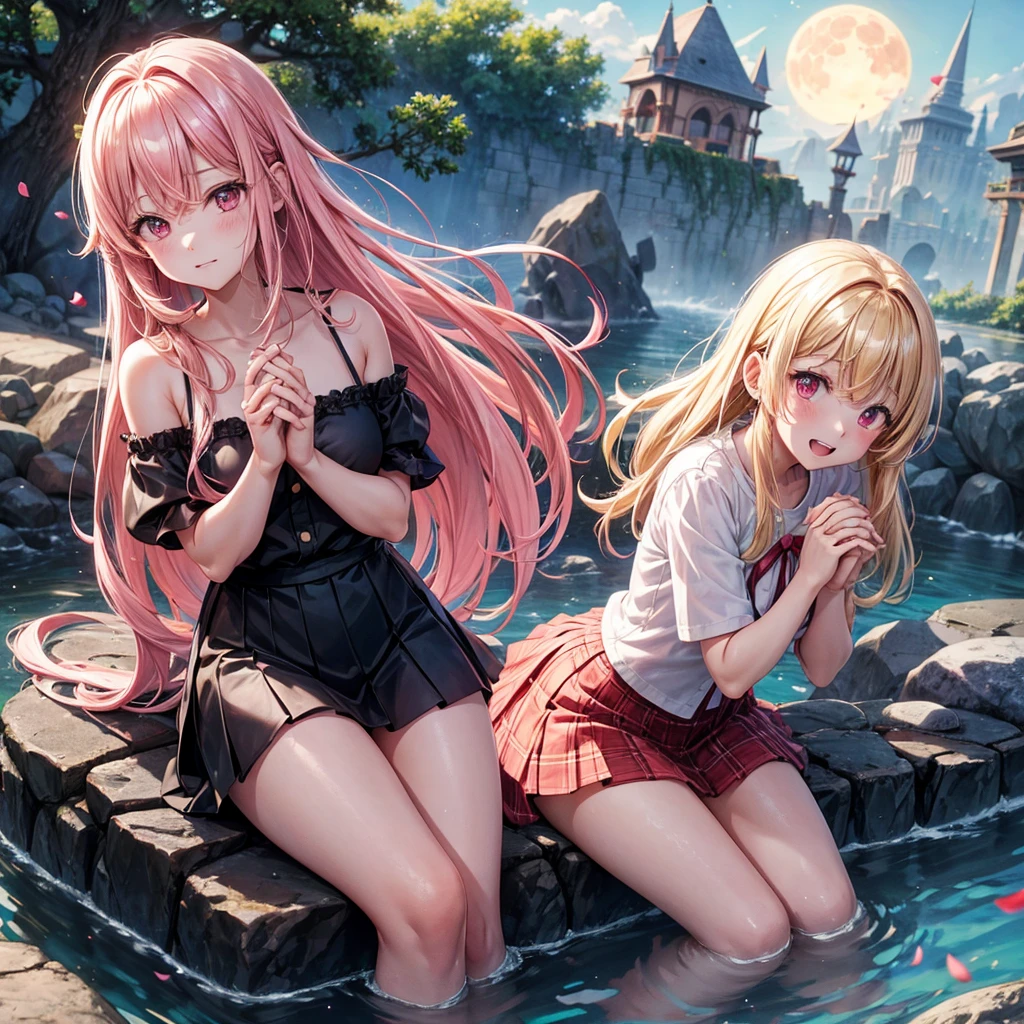 Pink Blonde、Red eyes、One cute girl、solo、And soul、Light clothing、Checked mini skirt、petal、Wet hair、Sit on、black t-shirts、Has a button、large tree、cloud、Red full moon、desert、barefoot、Stones are piled up、Teeth are visible、Secret Treasure、Wooden chair、Fortress City、water is gushing out、Tilting face、Hands together