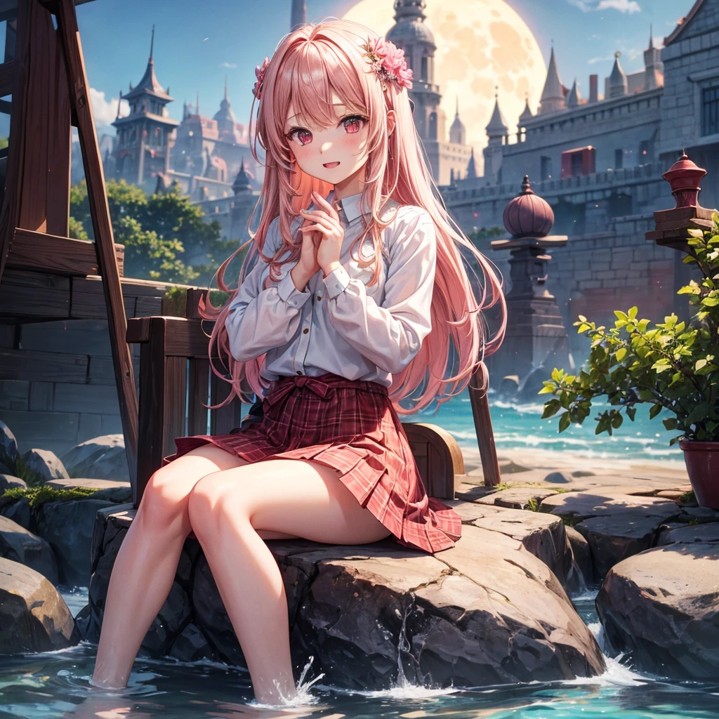 Pink Blonde、Red eyes、One cute girl、solo、And soul、Light clothing、Checked mini skirt、petal、Wet hair、Sit on、black t-shirts、Has a button、large tree、cloud、Red full moon、desert、barefoot、Stones are piled up、Teeth are visible、Secret Treasure、Wooden chair、Fortress City、water is gushing out、Tilting face、Hands together