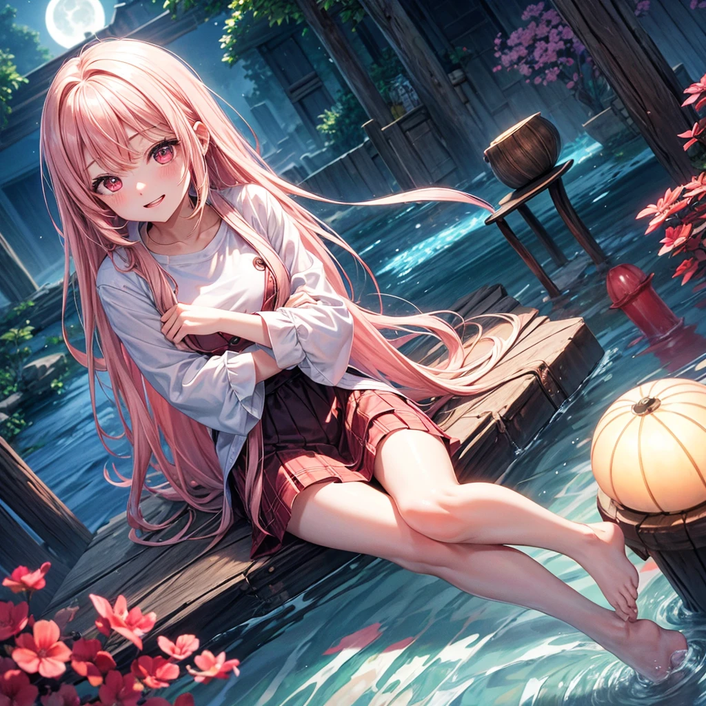 Pink Blonde、Red eyes、One cute girl、solo、And soul、Light clothing、Checked mini skirt、petal、Wet hair、Sit on、black t-shirts、Has a button、large tree、cloud、Red full moon、desert、barefoot、Stones are piled up、Teeth are visible、Secret Treasure、Wooden chair、Fortress City、water is gushing out、Tilting face、Hands together