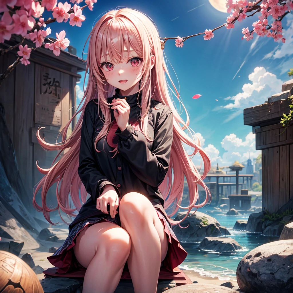 Pink Blonde、Red eyes、One cute girl、solo、And soul、Light clothing、Checked mini skirt、petal、Wet hair、Sit on、black t-shirts、Has a button、large tree、cloud、Red full moon、desert、barefoot、Stones are piled up、Teeth are visible、Secret Treasure、Wooden chair、Fortress City、water is gushing out、Tilting face、Hands together