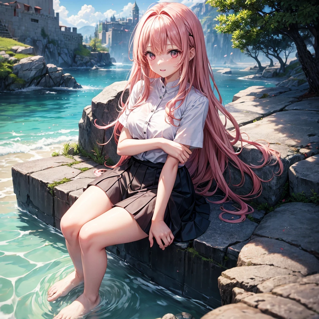 Pink Blonde、Red eyes、One cute girl、solo、And soul、Light clothing、Checked mini skirt、petal、Wet hair、Sit on、black t-shirts、Has a button、large tree、cloud、Red full moon、desert、barefoot、Stones are piled up、Teeth are visible、Secret Treasure、Wooden chair、Fortress City、water is gushing out、Tilting face、Hands together