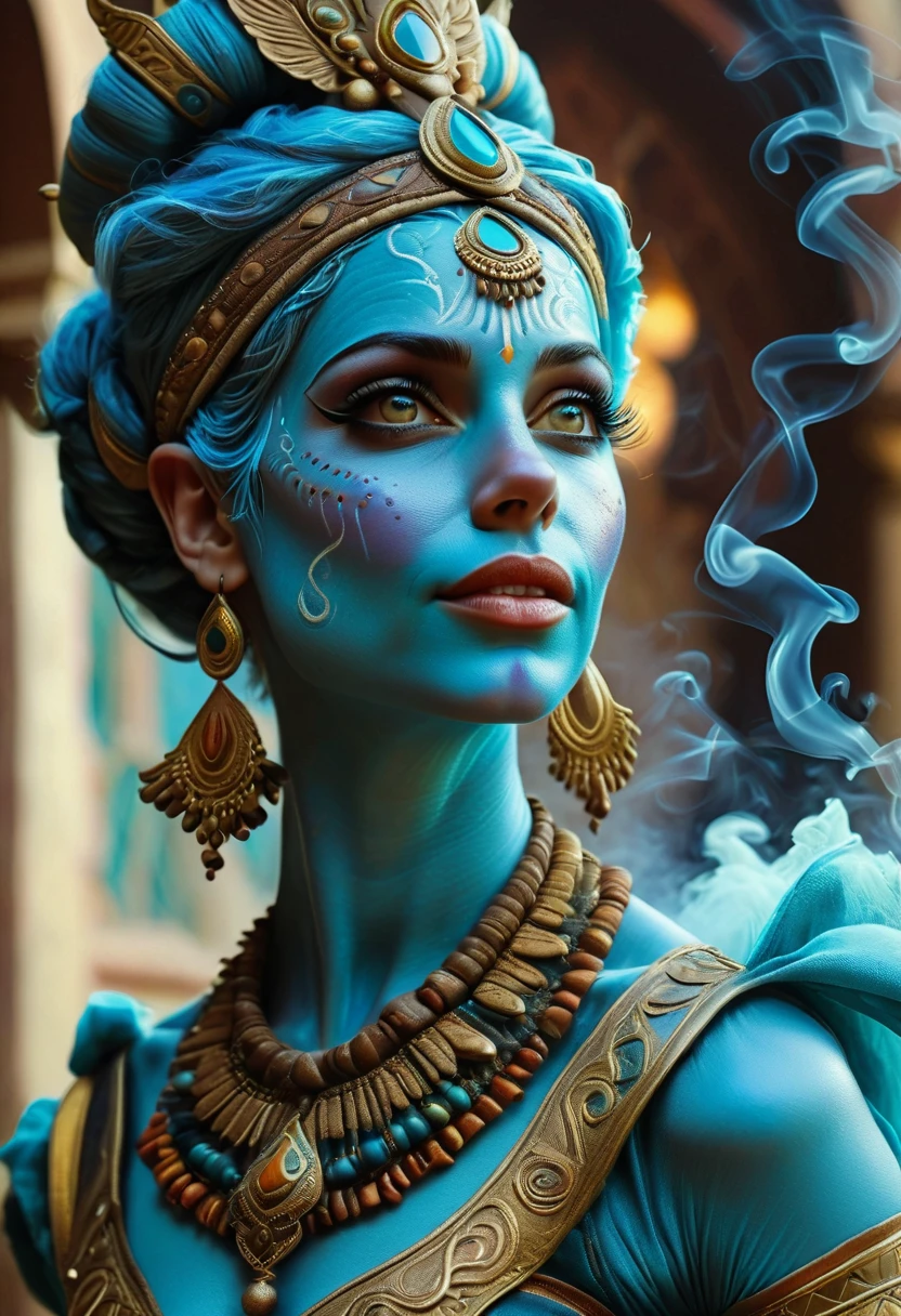 realistic, analog photo, Masterpiece, RAW photo, middle shot, photorealistic, (detailed cute face), genie, (folkloric Arabic creature), (in "Aladdin" style), (cute female, looks like Rachel Cook), short blue hair, blue skin, detailed Arabic village on background, (ghost blue smoke body), smoke particles, halo, (bioluminescent:0.95), vivid colors, vibrant color details, dynamic, Intensed eyes, sexy, pleasure, smoke splash, wishmaster, depth of field, 35mm, film grain, raw photo, isometric, extremely detailed