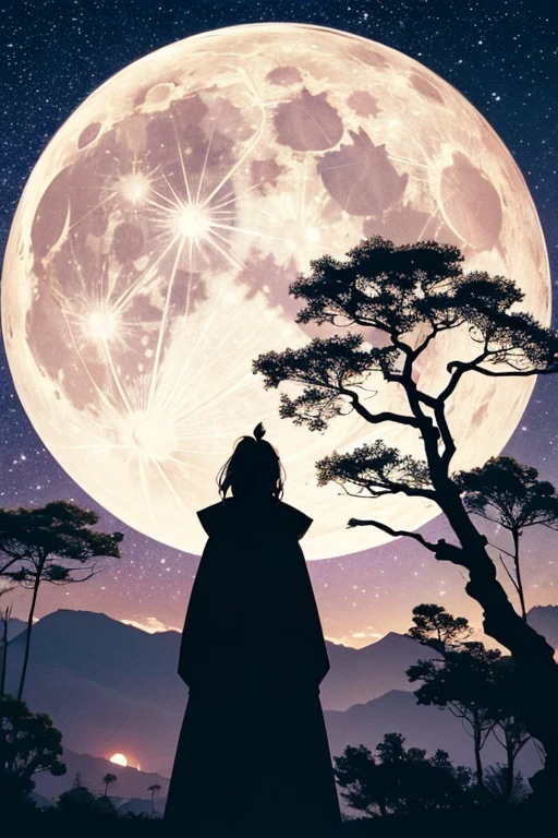 Highest quality,Big moon and shadow,A silhouette of a person can be seen against the backdrop of a large moon.,There is one full moon,There is a mood,Beautiful scenery,Starry Sky