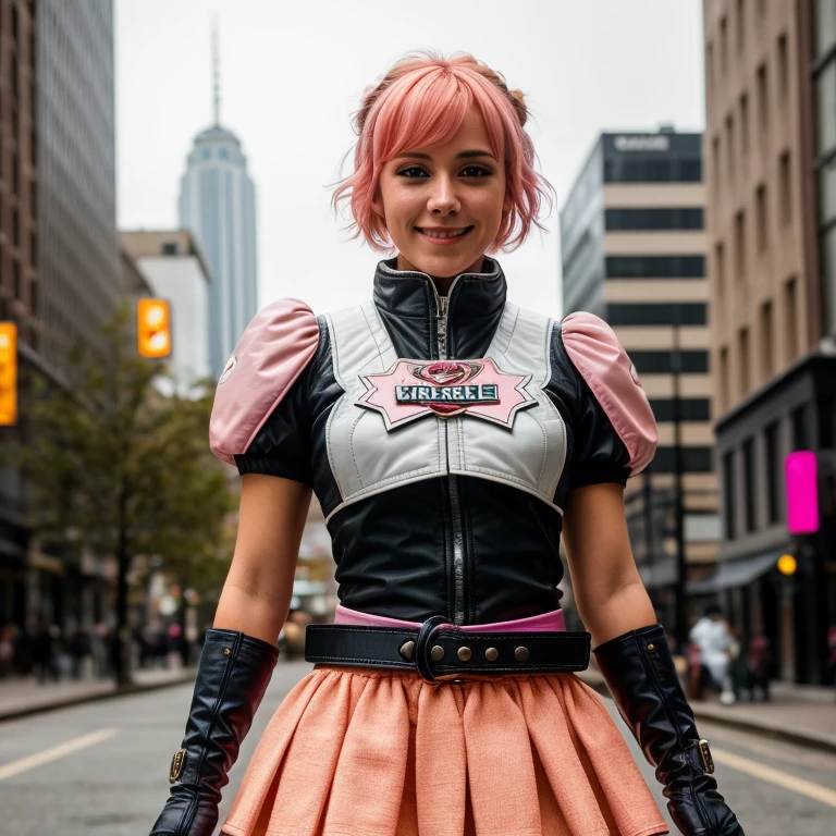 1girl,cowboy shot, beautiful nora_valkyrie, looking at viewer, smile, short hair, blue eyes,heart cutout, gloves, jacket, pink skirt, pink belt, short sleeves, puffy sleeves, single armband, fingerless gloves, orange hair, pink gloves, dynamic pose, night, outdoors, city, (volumetric lighting), best quality, masterpiece, intricate details, tonemapping, sharp focus, hyper detailed, trending on Artstation