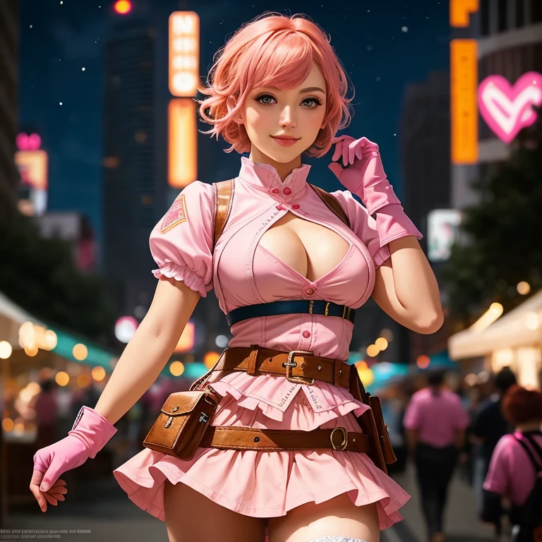topless woman,cowboy shot, beautiful nora_valkyrie, looking at viewer, smile, short hair, blue eyes,heart cutout, gloves, jacket, pink skirt, pink belt, short sleeves, puffy sleeves, single armband, fingerless gloves, orange hair, pink gloves, dynamic pose, night, outdoors, city, (volumetric lighting), best quality, masterpiece, intricate details, tonemapping, sharp focus, hyper detailed, trending on Artstation