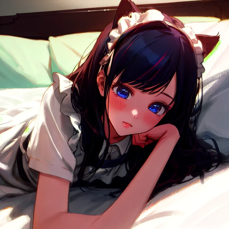 a shy girl lying on a bed, full body, white stockings, cute, detailed facial features, cat ear headband, maid dress, best quality, 4k, 8k, highres, masterpiece:1.2, ultra-detailed, realistic, photorealistic, photo-realistic:1.37, HDR, UHD, studio lighting, ultra-fine painting, sharp focus, physically-based rendering, extreme detail description, professional, vivid colors, bokeh, portraits, soft lighting, warm colors, pastel colors