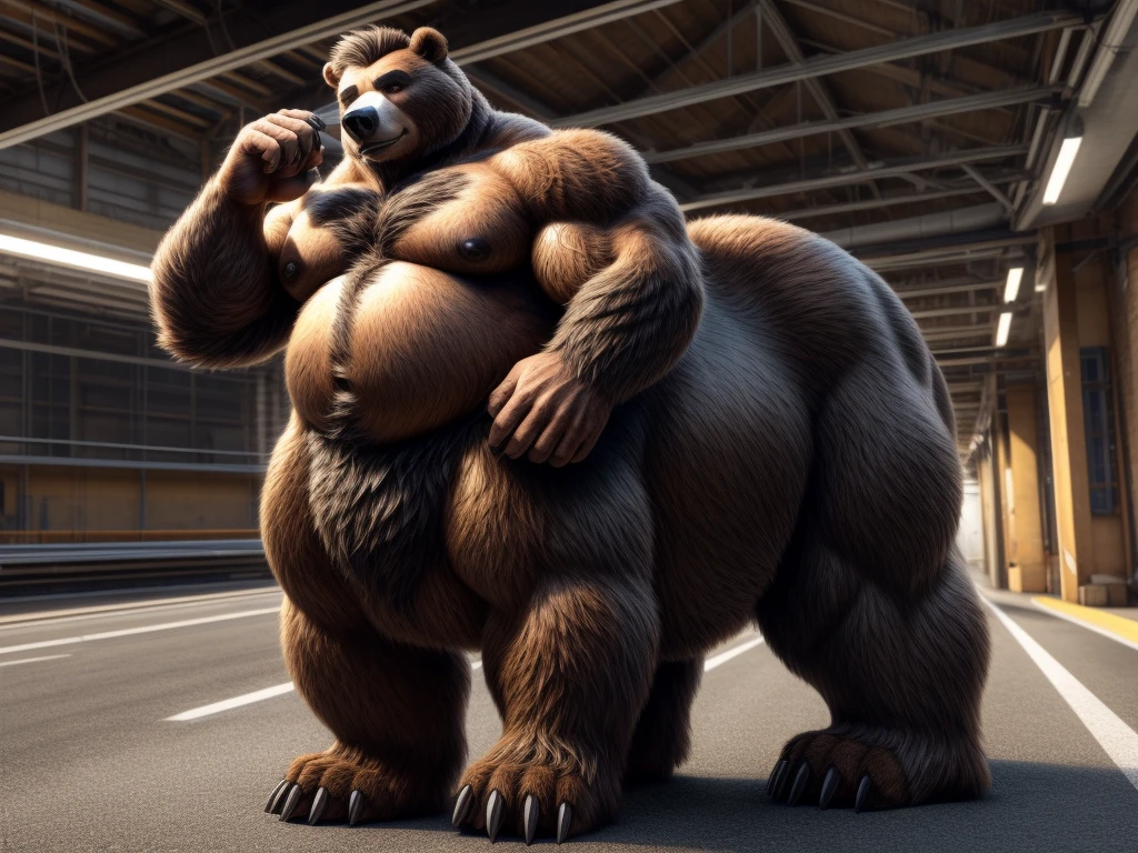furry, fur taur, beartaur, anthro, middle-age, solo,1man, detailed face, bear ears, bear eyes(brown), bear nose(black), bear mouth, beard(grey), hair, mature hair(grey), detailed arm, thick arm, forearm hair, muscular, thick hands(5 fingers), thick claws, detailed body belly, thick body, muscle belly(white), thick chest, chest hair(white), nipples, detailed taur body, thick taur body, waist hair, thick bear paws, bear paws hair, thick bear claws, thick bear tail, full body shot, standing on the highway