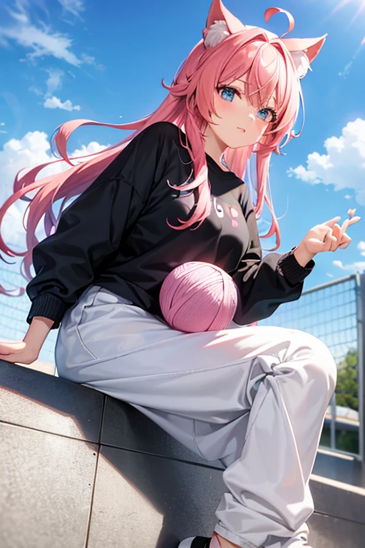 anime girl, pink hair with two cat ears on top of her head, blue colored eyes, wearing a white sweatshirt with black baggy pants, playing with ball of yarn