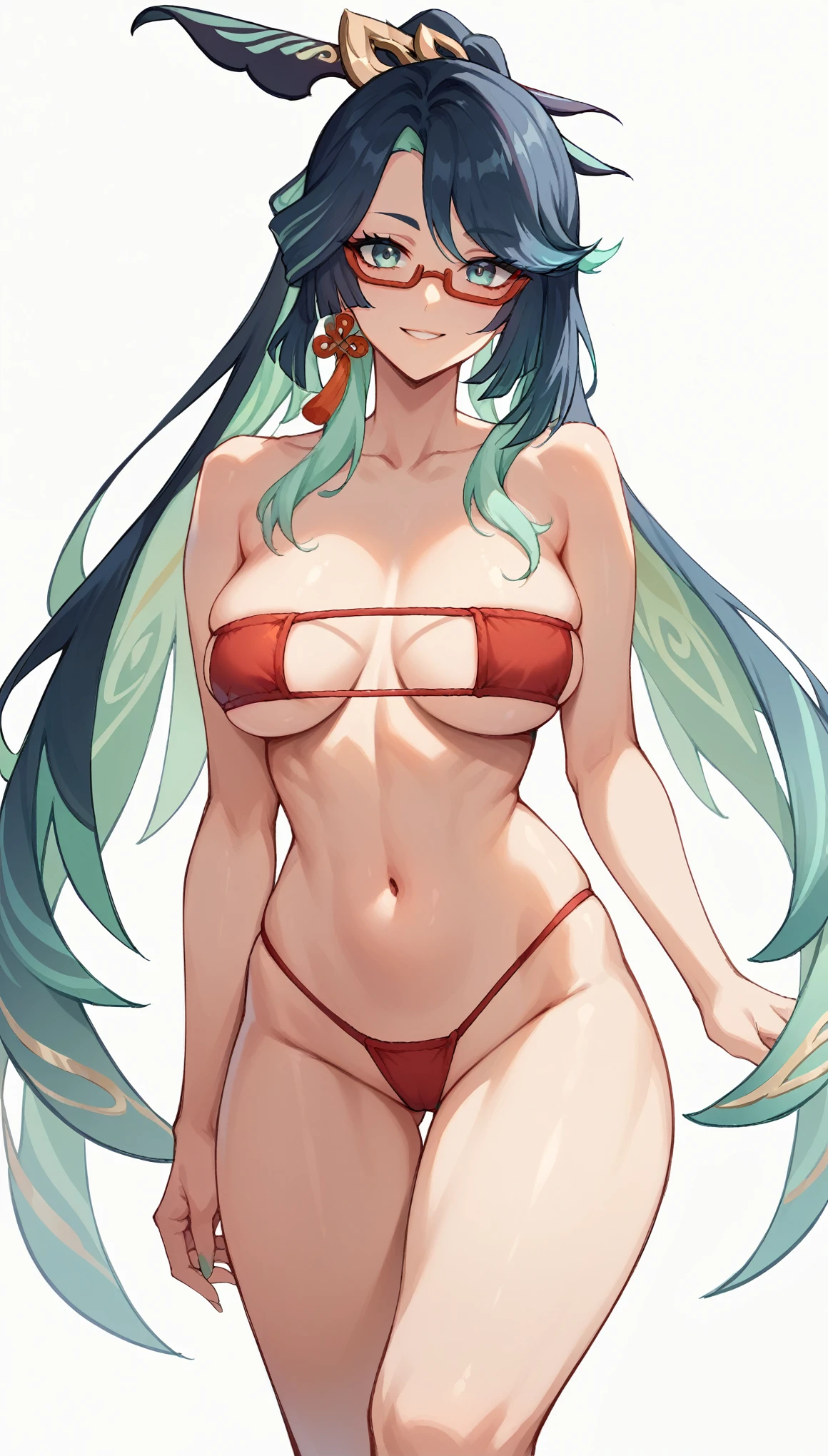 Xianyun (genshin impact),beautiful girl,adult,big breasts,fit,glasses,Naked, leaving only a red eyepatch bikini.,stand,front view,white background,No veil,smile,