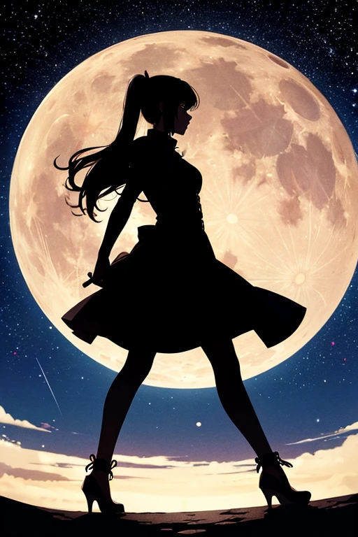 Highest quality,Big moon and shadow,A silhouette of a person can be seen against the backdrop of a large moon.,There is one full moon,There is a mood,Beautiful scenery,Starry Sky